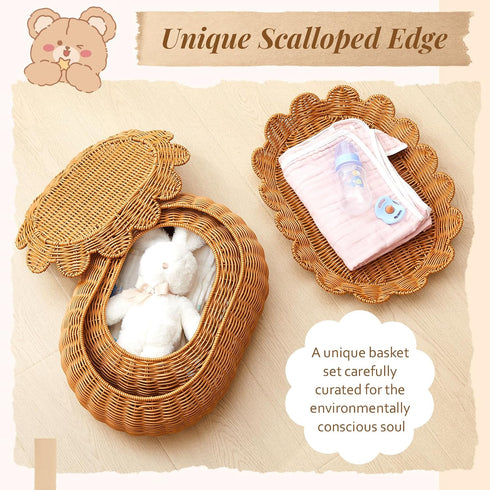 2 Juexica Pcs Scalloped Rattan Baskets, Woven Rattan Wicker Storage Baskets with Lid for Nursery Storage Diaper