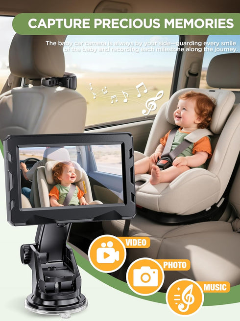 NUOTUN 40 4.3'' 1080P 360 Wireless Baby Car Camera - Hours Rechargeable Battery with Auto Sleep & Night Vision, HD