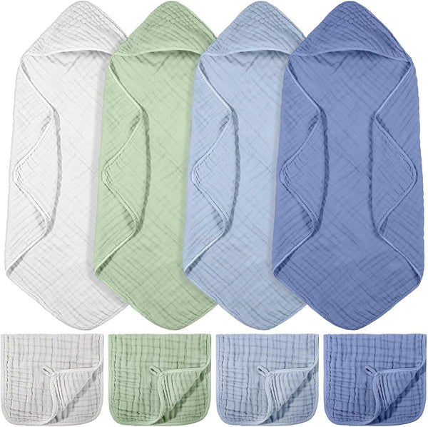 VitalCozy 8 Pcs Baby Muslin Hooded Bath Towels and Washcloths, 32 x