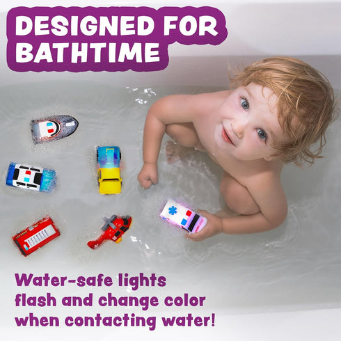 6 Pack Tub Works Emergency Cars Light Up Bath Toys, | Water-Activated Light Up Toys Flash & Change Color | Soft
