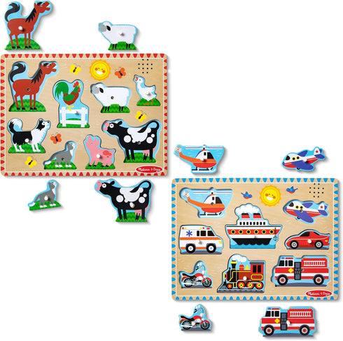 2-Pack Melissa & Doug Wooden Light-Activated Sound Puzzle for Toddler and Preschool Boys and Girls Farm Animals