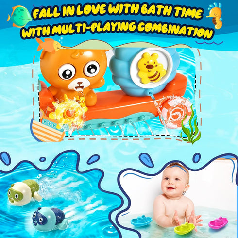 Baby Bath Toys for Toddlers 1-3, Bear Kids Bath Tub Toys with 2 Turtle Swimming Toys & 3 Floating Boat Gifts