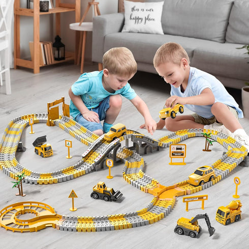 TEMI 236 PCS Construction Toys Race Tracks for 3-6 Year Old Boys, Flexible Track Playset with Construction Cars
