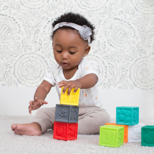 Set 6 Infantino Squeeze and Stack Block - Colorful Textured Soft Blocks, Includes Numbers, Animals and Shapes, Ages