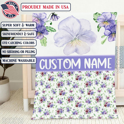 Personalized Violet Flower Baby Blanket, Custom Flower Baby Nursery Blanket, Violet Flower Receiving Bedding Blanket