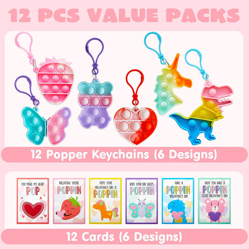 12 Packs JOYIN Valentine's Day Cards with Pop Fidget Keychain Toys, Stress Anxiety Relief Fidget Toys with Cards