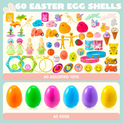 60Pcs JOYIN Easter Eggs with Toys Stickers Inside, Prefilled Easter Eggs Hunt with Assorted Toys for Kids Boys Girls