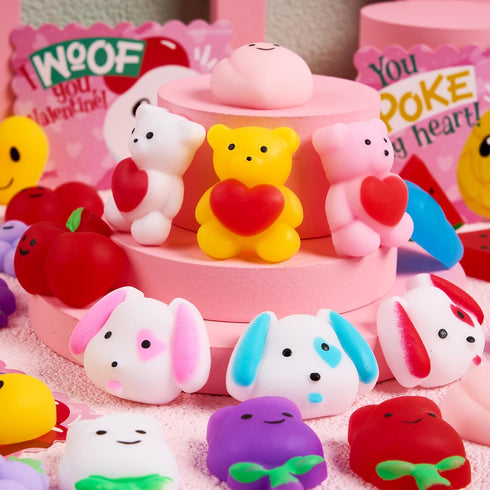 30 Packs JOYIN Valentines Day Gift Cards with Fruit Mochi Squishy Toys, Stress Relief Fidget Toys, Cartoon Squeeze Toy