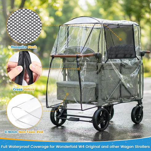 W4 Clear Stroller Rain Cover for Trolley Cart, Rain Cover for Wagon Stroller with Mosquito Net, Big Size Suitable