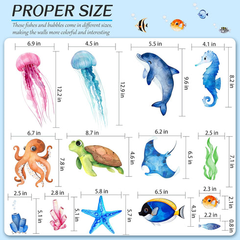 4 Sheets Ocean Fish Wall Decals Stickers, Removable Sea Life Marine Animal Decor for Kids Nursery Bathroom