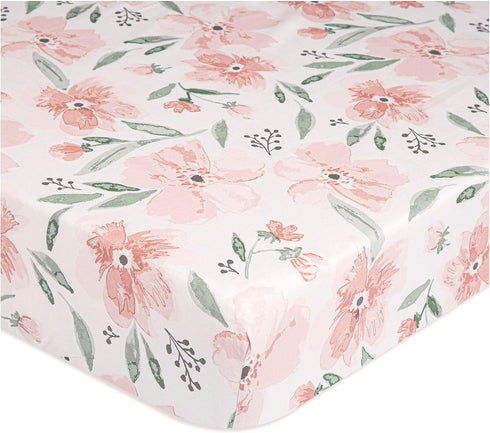 Crane Baby Soft Cotton Crib Mattress Sheet, Fitted for Cribs and Toddler Beds, Pink Floral, 28”w x 52”h x 9”d