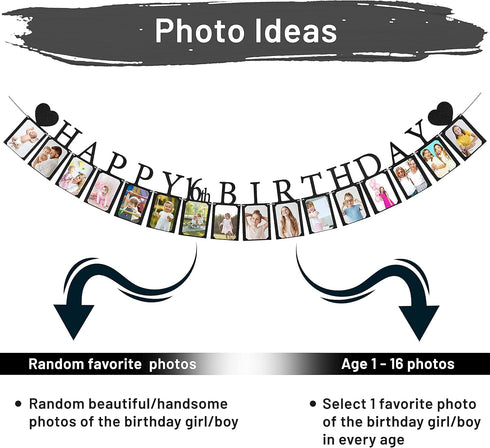 Sweet 16 Birthday Decorations Photo Banner, Pre-assembled Black Sweet 16 Banner with Sixteen Photo Card Frames