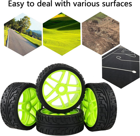 1:8 Off-Road RC Buggy 17mm Hub Wheel Rims and Tires - H Tread Pattern Fluorescent Green, Pack of 4