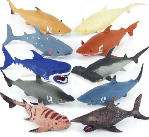 Axbotoy 10 Pack Shark Toys,8" Soft and Stretchy Realistic Shark Toy Set,Floating Bathtub
