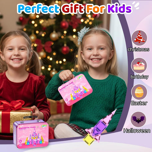 Set 4-8,Ideal SKTMYY Travel Magnetic Tiles for Girls,Pink Mini Portable Magnet Toys with Iron Case,Travel Toys for Kids