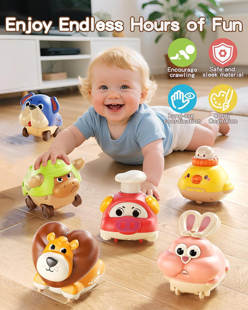 STACTCUTE 6pcs 1-3, 6-12-18 1st Press and Go Animal Toy Cars for Toddlers Baby Push Go Battery-Free Long-Distance