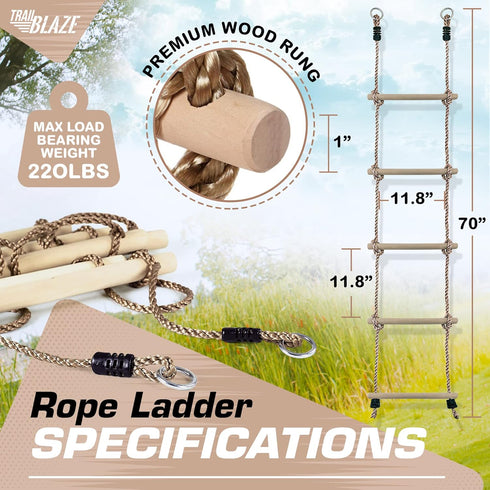 Wooden Climbing Rope Ladder for Kids - Ninja Warrior Obstacle Course Accessory for Swing Set & Treehouse