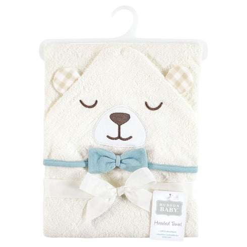 Hudson Baby Unisex Cotton Animal Face Hooded Towel - Gingham Bear for Boys, One Size