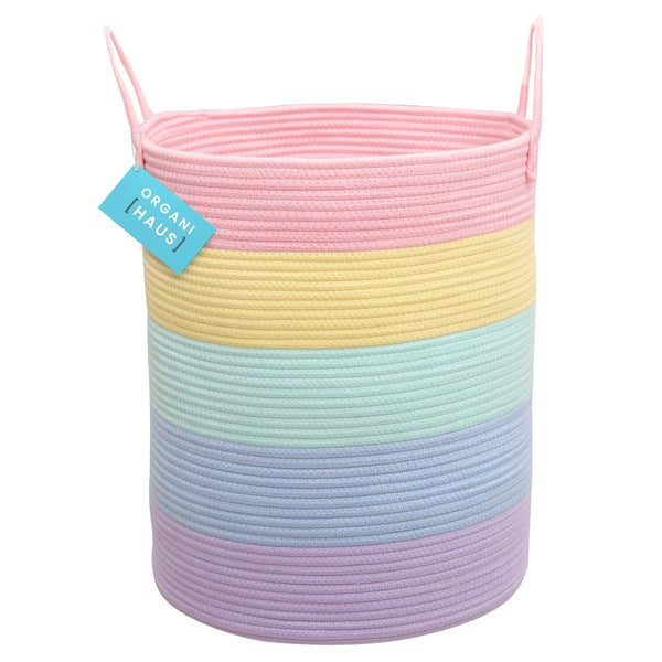 OrganiHaus Large Rainbow Woven Laundry Basket w/Handles 52L, Decorative Toy Storage Bin