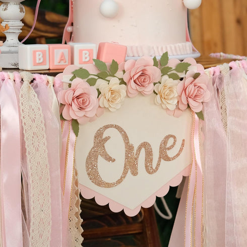 1st Wildflower High Chair Banner Birthday Decorations For Girl Pink Flower Cake Topper Hat Floral Theme Party