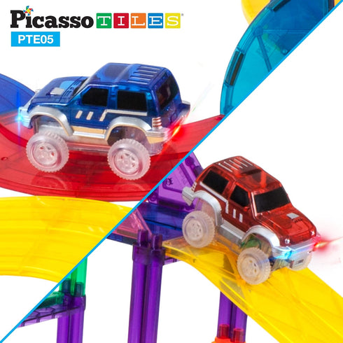 PicassoTiles 2pcs Magnetic Toy Car Set, Compatible with Magnet Race Track, Educational Construction Kits