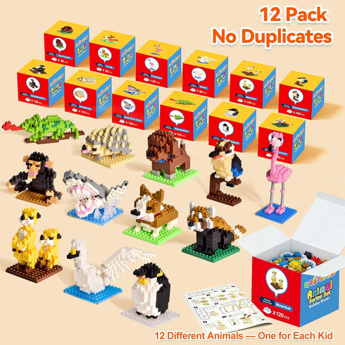 6-12, 12 Pack FUN LITTLE TOYS Party Favors for Kids Mini Animal Building Blocks, Individually Boxed, No Duplicates