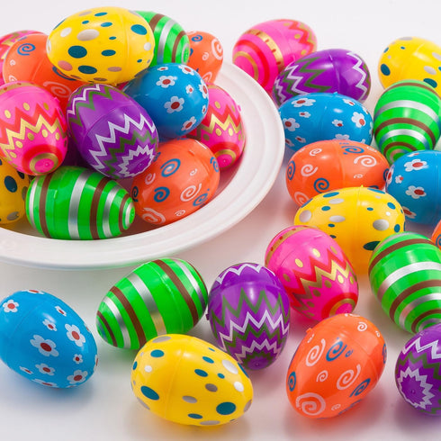 36PCS JIALWEN Plastic Easter Eggs Printed Fillable Eggs Bright Colorful for Easter Theme Party Easter Basket Stuffers