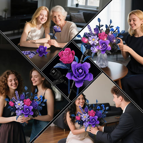 Set 17 887PCS HiWEEGO Flowers Bouquet Building with LED Light - Artificial Flowers Toy, Purple Roses Botanical