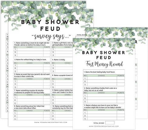 Eucalyptus Baby Shower Family Feud Game Set - Your Main Event Prints, 50 Question Cards, Fun Group Activity