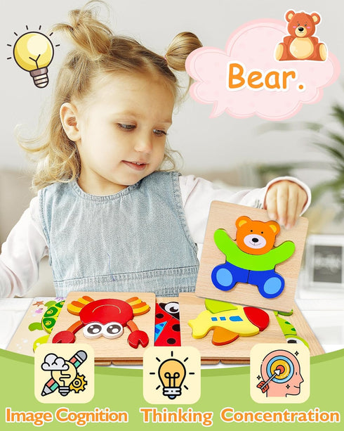 Bekayshad 12 Pack Wooden Puzzles for Toddlers, Animal Jigsaw Montessori Toys, Educational Gifts for Ages 1-3