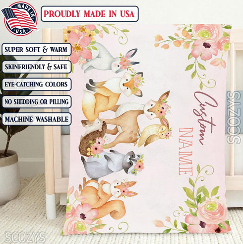 Personalized Woodland Animals Baby Blanket, Custom Floral Deer, Fox, Bunny Baby Girl Nursery Blanket, Floral Woodland