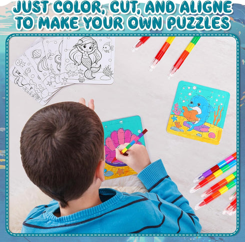 Fullhawl 12 Sets 12 12 Supplies(12, Mermaid Puzzles Underwater Color Your Own Puzzles DIY Jigsaw Crafts with Stackable