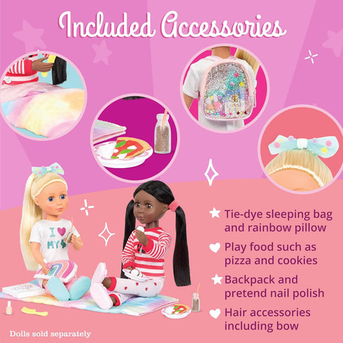 Glitter Girls Sleepover Party & Backpack Set - Tie-Dye Sleeping Bag, Rainbow Pillow, Pizza Play Food, 14-inch Doll
