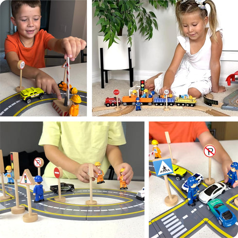 Community Set 310 Wooden Traffic Signs & Helper Figures Toy Includes Police, City & Construction Workers, Road Signs