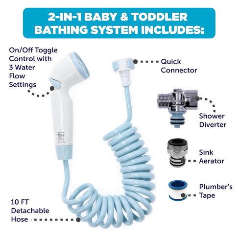 2-in-1 10-foot Playtex Baby Shower Sprayer for Baby and Toddler Bath Time, Blue/White, Hose