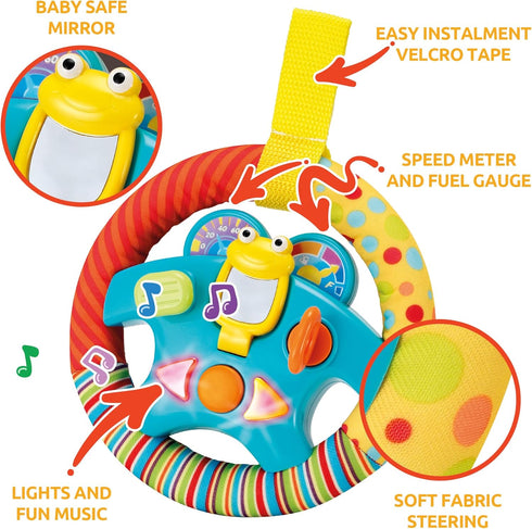 KiddoLab Steering Wheel Toy with Music, Lights, Sounds & Flip Up Mirror for Crib & Stroller