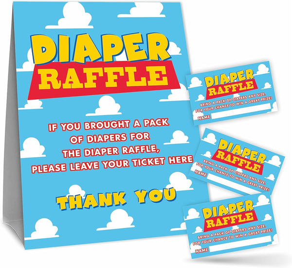 Diaper Raffle Game Kit for Baby Shower (1 Sign + 50 Tickets) - Blue Sky & Cloud Theme Party Supplies