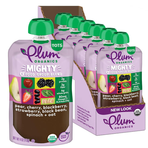 Plum Organics Mighty 4 Organic Toddler Food - 4 oz Pouch (Pack of 6) - Pear, Cherry, Blackberry, Strawberry, Black