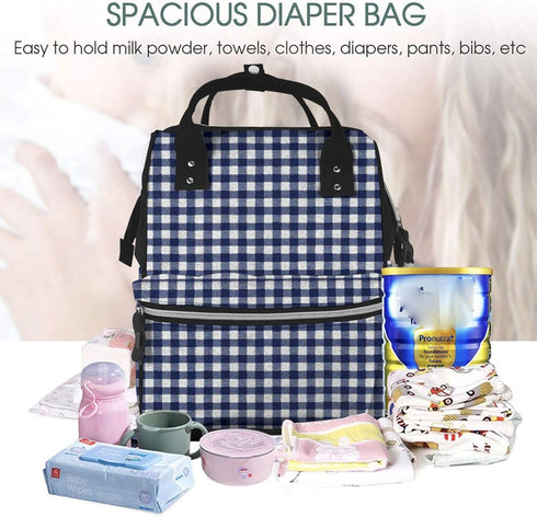 Qewfoju 2 Backpack Navy blue Gingham Pattern Diaper Bag Multifunctional Baby Bags for Baby Girls & Boys Large Capacity