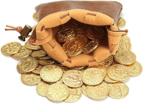 50 PCS Gold Coins & PU Leather Bag - DND Metal Coins for Board Games, Fantasy Coins as Game Tokens