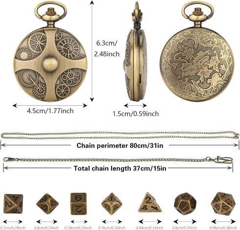Mini DND Dice Set: 7pcs Polyhedral Metal Dice with Bronze Steampunk Gear Pocket Watch Case