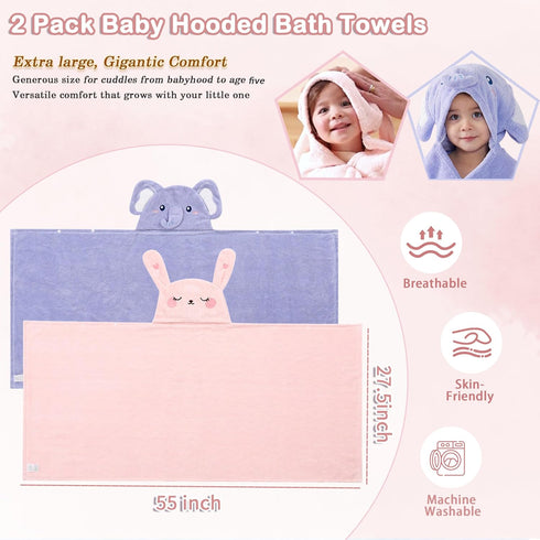 2 Pack 55" 27.5" Set 1-5, Hooded Towels for Toddlers - Thick x Baby Bath Towel for Girls and Boys - Super Absorbent