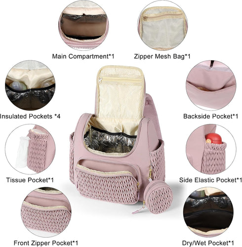 Geestock Diaper Bag Small Backpack, Stylish Quilted Baby Bag with Changing Pad, Pink Color