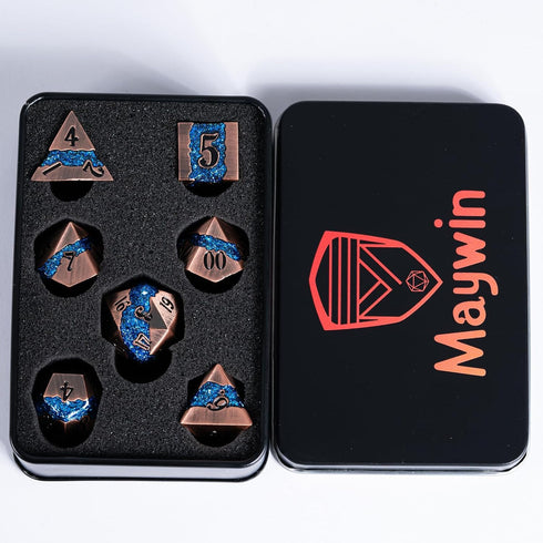 Metal DND Polyhedral Dice - Large Stripe Glitter Metallic 7pcs Set for Role Playing Games