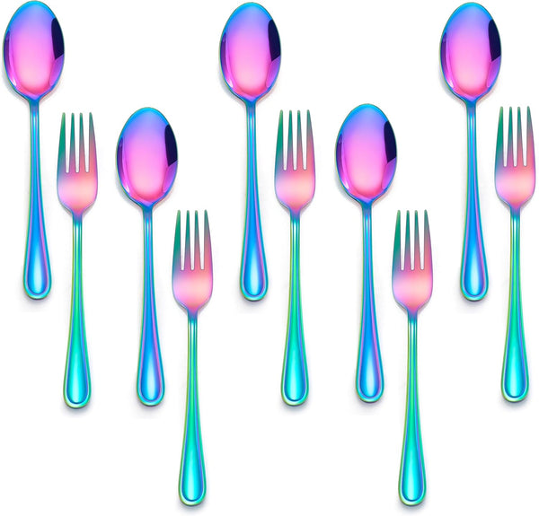 E-far 10-Piece Rainbow Toddler Utensils, Stainless Steel Silverware Set for Kids, Safe Forks and Spoons