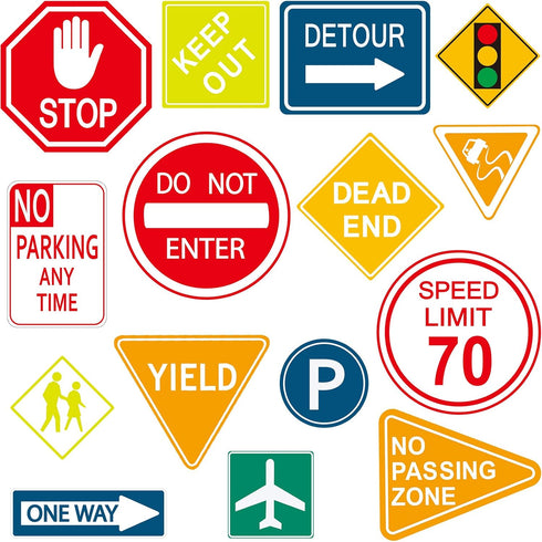 Zonon 15 Pieces Road Signs Wall Decal, Traffic Street Signs Stickers for Kids Bedroom, Classroom Decor