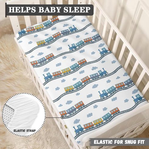 JEPFEIXIA 28"x52" Colorful Train Fitted Crib Sheet for Boys Girls Cartoon Trains Baby Sheet for Standard Crib