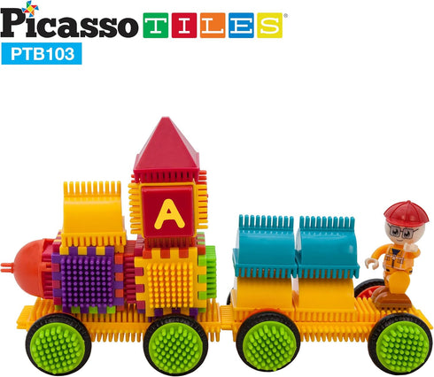 Picasso Toys PTB103 Alphabet & Numerical Train, 103pc Hedgehog Block Shape Building Tiles Set for Learning