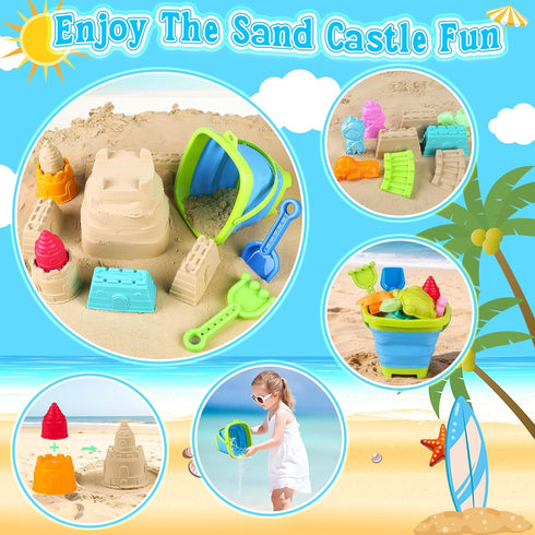 Set 3-10 Collapsible Beach Toys for Kids Toddlers, Foldable Sand Bucket and Shovels with Mesh Bag & Sand Castle
