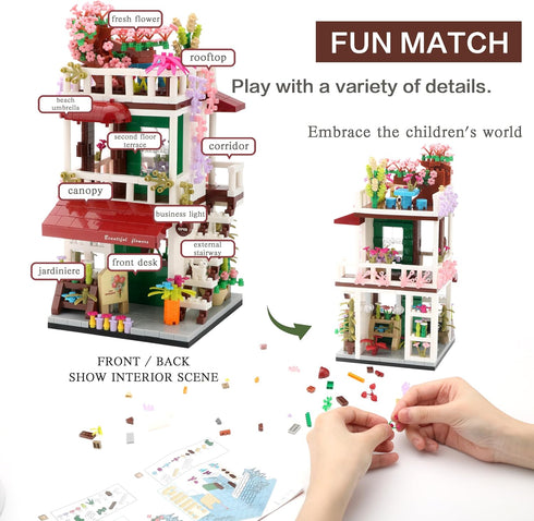 Flower Shop Building Set - Simulation Mini House Educational Creative Toy for Kids Aged 8+, 953 Pieces Micro Block Kit